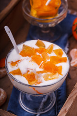  Yogurt with Mandarin jelly,homemade dessert.selective focus
