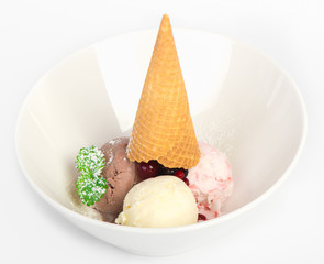 Ice cream on the white plate with mint leaf