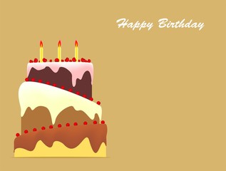 Birthday cake with three candles and topping on gold background