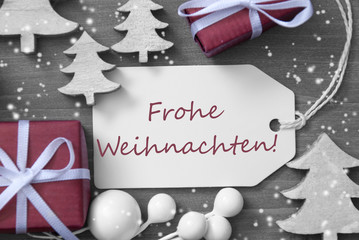 Fototapeta na wymiar Label Gift Snowflakes Frohe Weihnachten Means Merry Christmas
