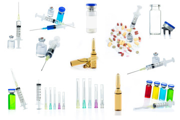 Collection of Glass Medicine Vial botox or flu with medical Syri