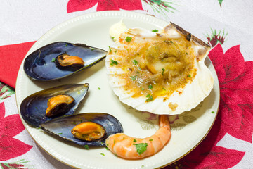 Mussels and scallops appetizer with shrimp