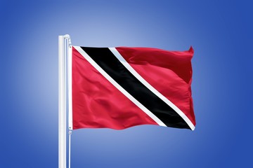 Flag of Trinidad and Tobago flying against a blue sky