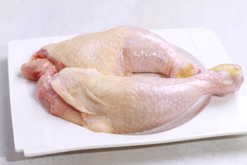 Raw chicken legs on white plate. Diet food, healthy lifestyle