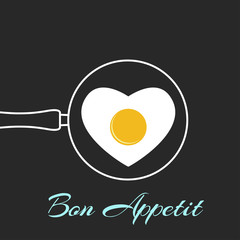 Heart shape fried egg on frying pan vector.