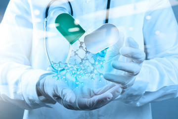 scientist doctor hand holds virtual molecular structure