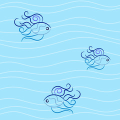 Seamless thin waves and vignette fish in blue colours