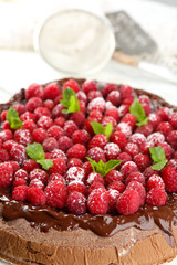 Cake with Chocolate Glaze and raspberries on color wooden background