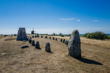 Gettlinge grave field with its famous stone ship on Swedish Baltic Sea island Oland dates back to the Nordic bronze age