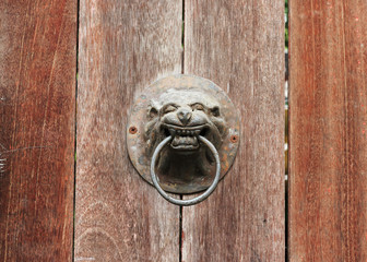 door knocker, A lion head doorknob on a wood plate old door