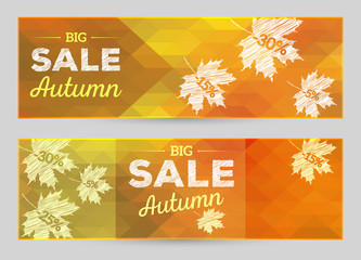 Autumn sales horizontal banner, vector polygonal background