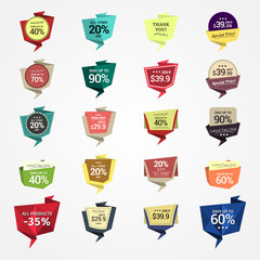 Promotional Badges and Sale Tags in Paper Style. Set for your designs, such us for online shop, email newsletter or email marketing, web banner, print ad, etc. Easy to change colors & add shadows.