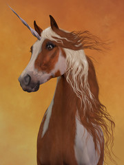 Sorrel Pinto Unicorn -The beauty and majesty of a sorrel pinto unicorn stand out against a golden background.  © Catmando