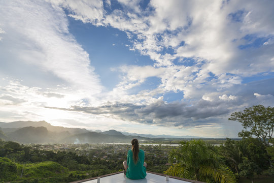 Aerial view of Rurrenabaque with cloudy blue sky, Bolivia