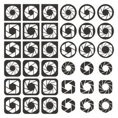 Lens Camera Icons Silhouette. camera shutter apertures icon set on a white background