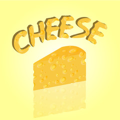 Vector illustrated triangular piece of cheese and cheese text.