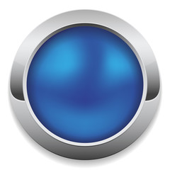 Round blue button with metal border on white background