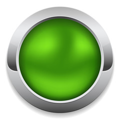 Round green button with metal border on white background