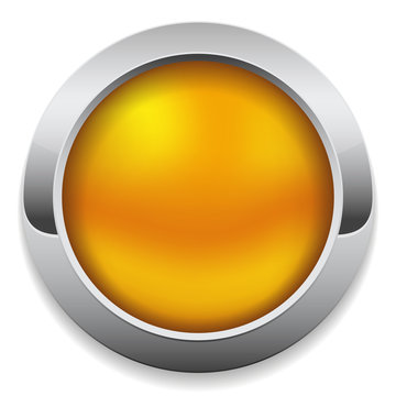 Round yellow button with metal border on white background