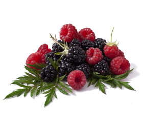 Raspberry with blackberry on a white background