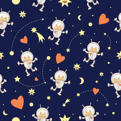 Space vector seamless pattern with cute cartoon cats astronauts, stars and the moon.