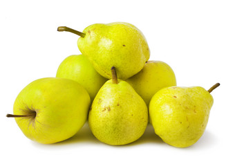 Ripe green yellow pears and apples isolated on white 