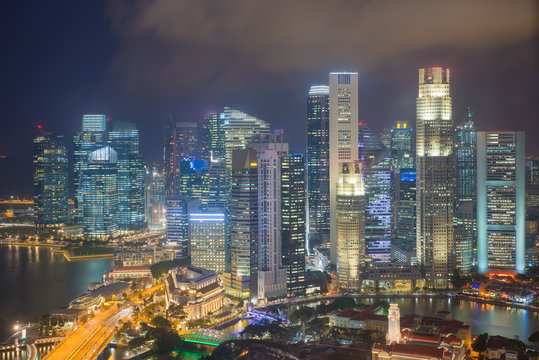Aerial view of Singapore in downtown district at night