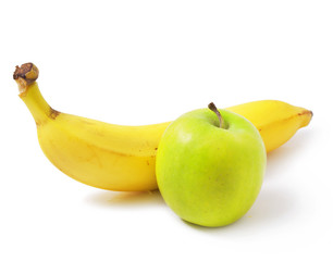 Green Apple and fresh ripe banana isolated on white background