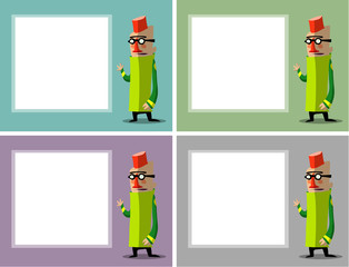 funny cartoon character with glasses and fez in front of poster