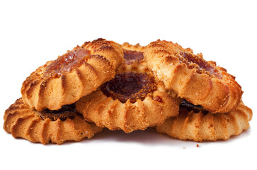 Qurabiya. delicious crumbly pastry with fruit jam on a white background 