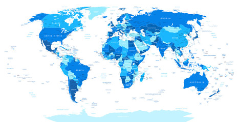 Blue World Map - borders, countries and cities -illustration. Image contains land contours, country and land names, city names, water object names.