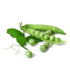 fresh pea with green leaf isolated on white background