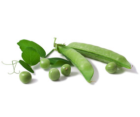 fresh pea with green leaf isolated on white background 