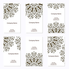 Set of six business cards. Vintage pattern in retro style with o