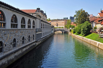 Fototapeta premium Ljubljanica river and Triple bridges in the background, Ljubljan