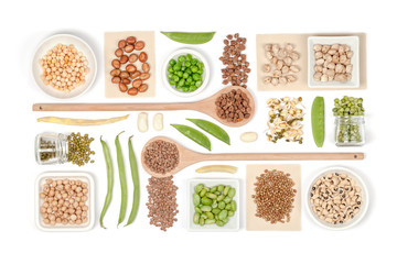 various legumes on white background top view