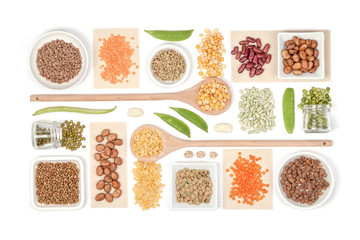 various legumes on white background top view