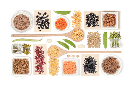 various legumes on white background top view