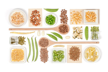 various legumes on white background top view