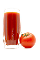 Tomato juice in a glass with tomato near isolated on white background
