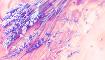 Flower of lavender on wooden texture