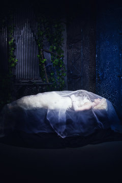 Sleeping Beauty. Beautiful lifeless bride in white dress lying o