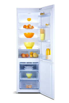 Open refrigerator with freezer, shiny white, steel, isolated on white, with fresh food, fridge freezer
