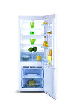 Open refrigerator with freezer, shiny white, steel, isolated on white, with fresh food, fridge freezer
