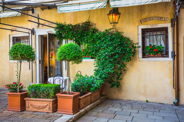 Windows and doors in an old house decorated with flower