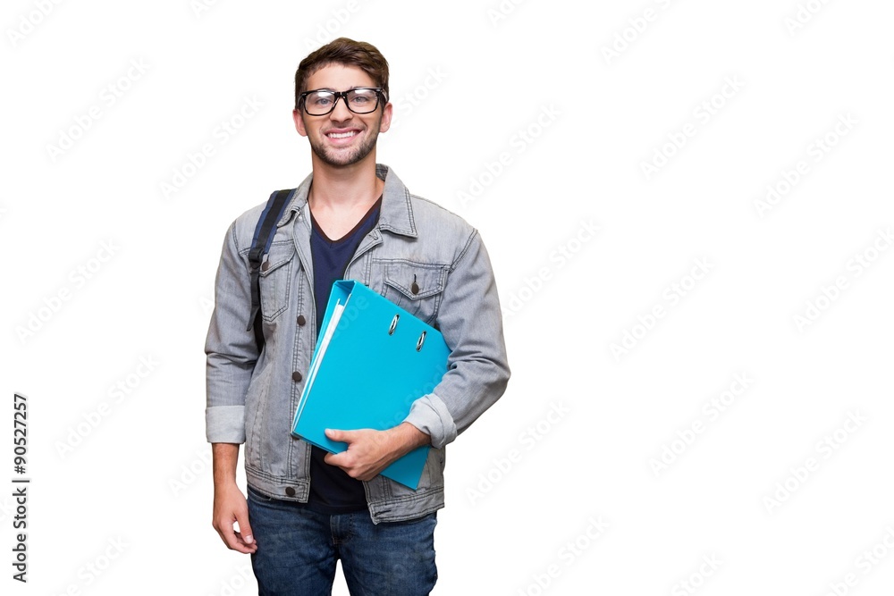 Poster composite image of student smiling at camera in library