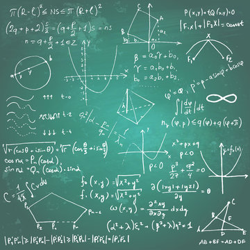 Mathematical formulas and drawings on a chalkboard
