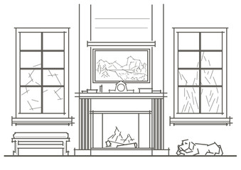 Linear architectural sketch living-room interior with chimney front view