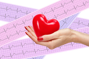 Red heart in woman hand over heart analysis, electrocardiogram g