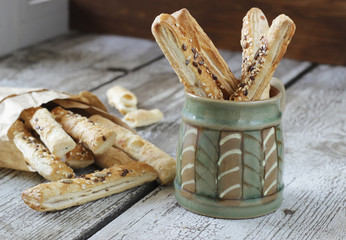 puff pastry sticks with sesame, flax and sunflower seeds